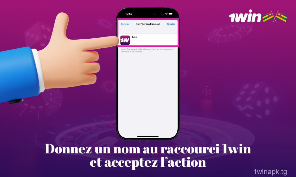 Nommez le raccourci 1win et confirmez la création