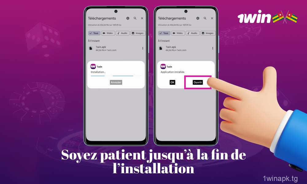 Attendez que l'application 1win s'installe et ouvrez-la lorsqu'elle est terminée