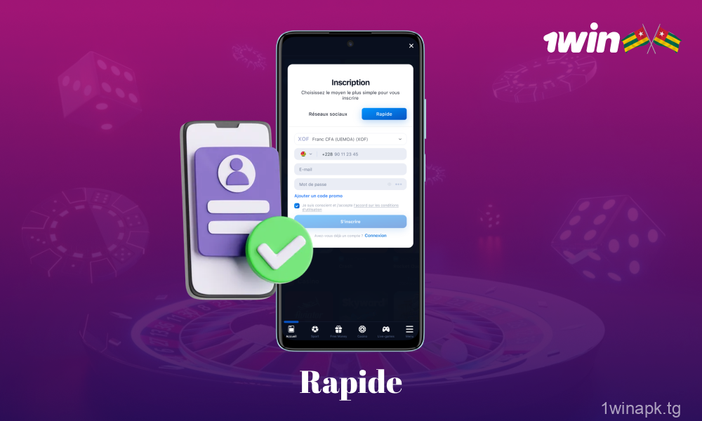 Pour vous inscrire via l'application mobile 1win Togo, ouvrez l'application, remplissez vos coordonnées et confirmez votre inscription